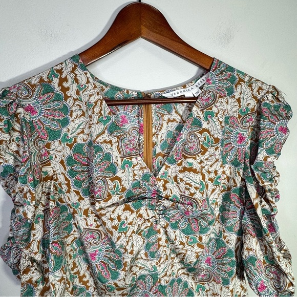 VERONICA BEARD Henrieta Ruched Paisley-print Stretch Silk Blouse Size 6 - Picture 7 of 14
